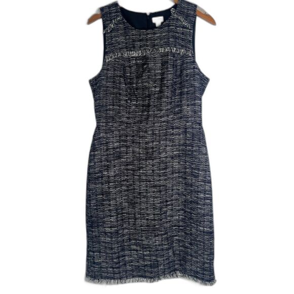 J Crew Sleeveless Navy Tweed Fringed Detail Sheath Dress Size 6 - Picture 1 of 9
